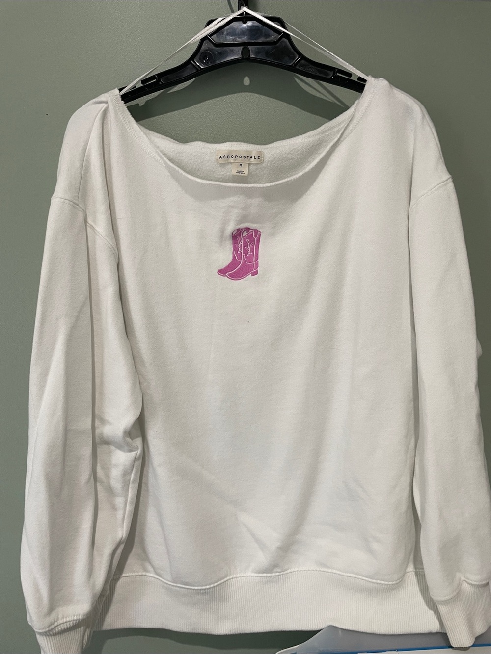Aeropostale White Off-the-Shoulder Sweatshirt with Pink Boot Graphic